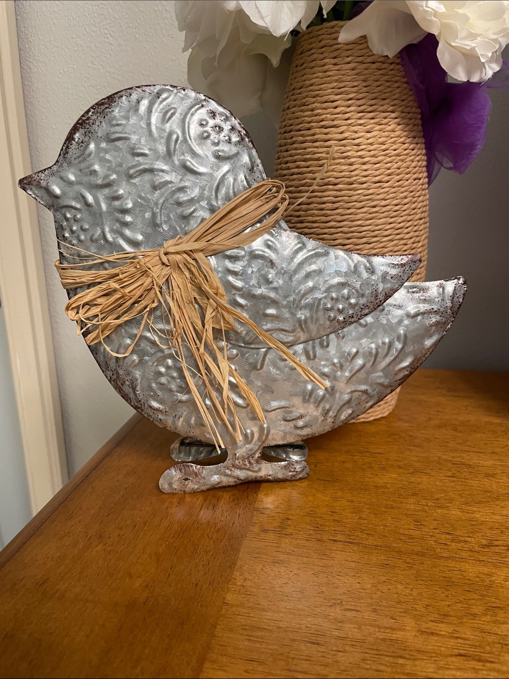 Silver Tone Embossed Metal Bird or Chick Figurine with Bow Tabletop Shelf Decor